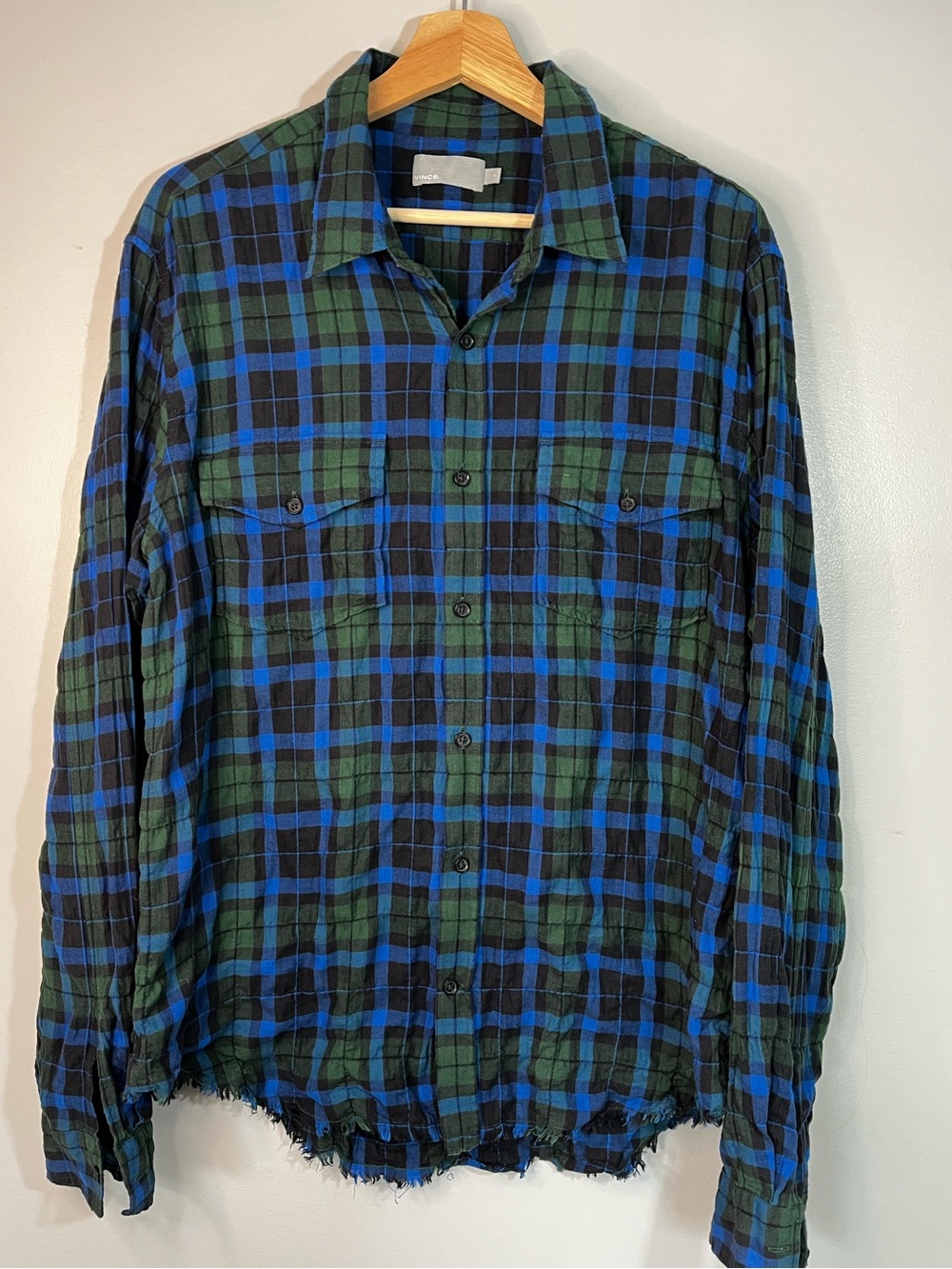 Vince Blue Green Black Plaid Cotton Frayed Hem Button Front Shirt Men’s Large